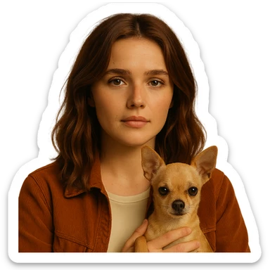 Portrait centered for Instagram profile picture, inspired by the facial features visible in the reference images, with a tanned complexion, subtle freckles, shirt color #FFF8CA, rust-colored jacket, medium-length brown hair with auburn highlights, nostalgic and gentle expression, holding a beige-brown chihuahua, Netflix series style, transparent background, intimate Tenerife ambiance. sticker