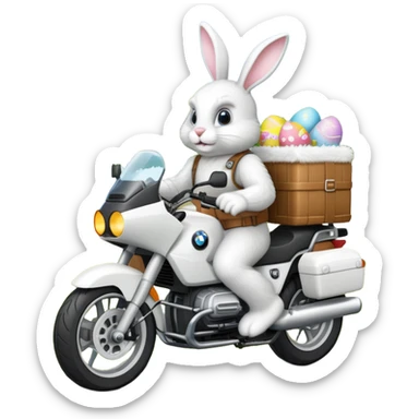 Easter bunny riding a BMW boxer motorcycle with trees and grass in the background sticker