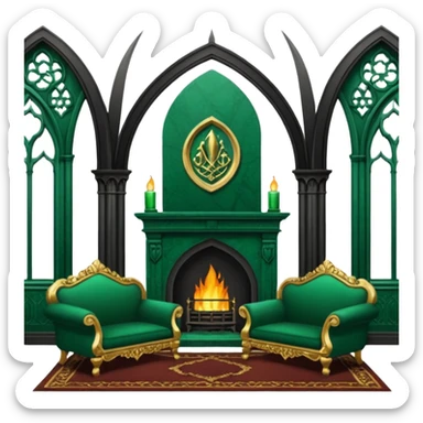 Slytherin common room scene with an emerald green sofa and ornate fireplace, gothic arches sticker