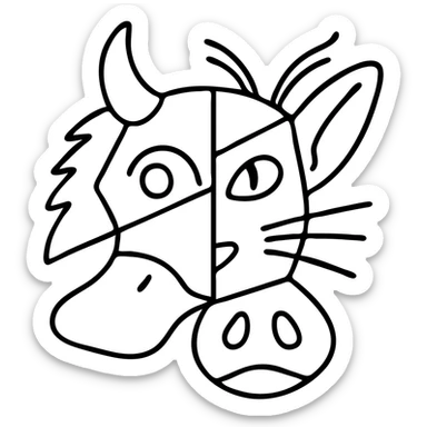 a red fragmented collage of different creature face parts with clear dividing lines between pieces: stoat fur section, minotaur skull section with horn, frog eye section, elf ear section, moth antenna section, cat whisker section, platypus bill section, and capybara nose section, arranged irregularly like a cubist painting with deliberate line splits, weathered appearance sticker