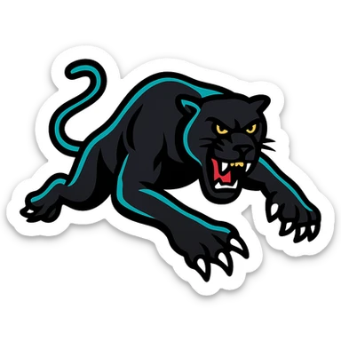 Penrith Panthers rugby league mascot, stylized panther, black and teal, energetic pose, modern sports logo style sticker