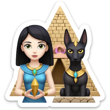 Kindly alien Protecting silky black-haired tiny statuette scale female Anubis and pyramid scenery stone-age cracked irregular   sticker