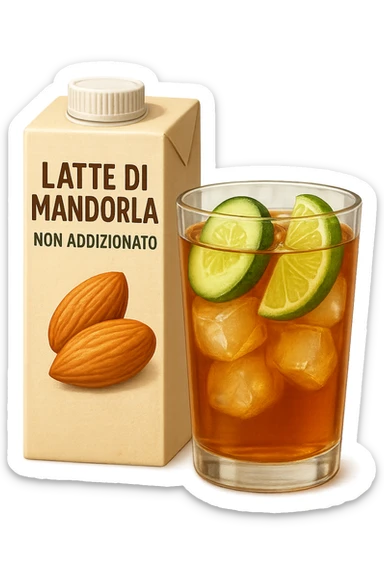 emoji stile iphone di un pacco di latte di mandorla non addizionato accanto ad un bicchiere di vetro di tè freddo con fettine di cetriolo e lime
IPERREALISTICO 4K sticker