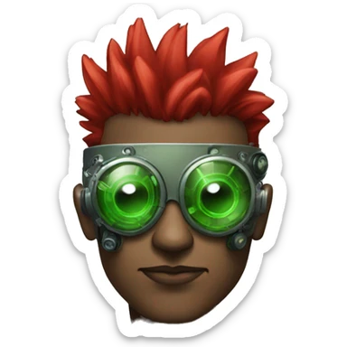 Male cyborg with thin red Mohawk and green steampunk goggles sticker