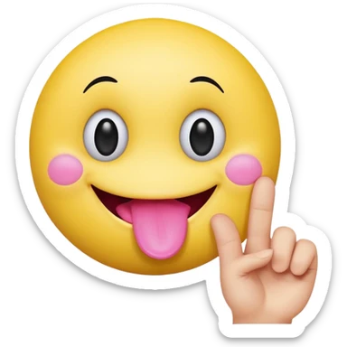 The image is a digital illustration of a yellow smiley face with big, round eyes and a big smile. The face is holding a pink tongue sticking out and making a 67 with its fingers. Above the face, The background is white. Like this but get rid of the text but make the hands do the numbers 67 sticker
