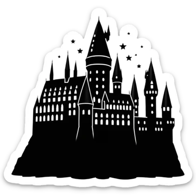 Harry Potter series, Hogwarts castle silhouette with stars, outlined icon sticker