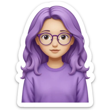 Chica de pelo largo y ondulado, con gafas redondas y expresión suave; viste una sudadera lila y transmite un estilo tranquilo y relajado. sticker