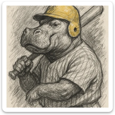 hippo holding a baseball bat, wearing a yellow helmet, pinstripes outfit sticker