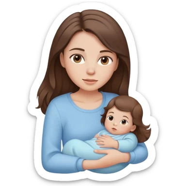 brunette girl with brown hair wearing pastel blue clothes holding a baby sticker