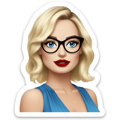  Margot Robbie, bright blue eyes and winged eye liner, red kisses, wearing black glasses  sticker