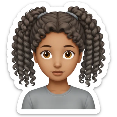 A girl Brown girl with a curly ponytail and has a Gray shirt and eyes are brown  sticker