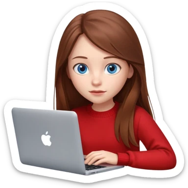 Emoji of a cute 3D girl with long brown hair and blue eyes, wearing a red sweater, focused working on a MacBook laptop, white background sticker