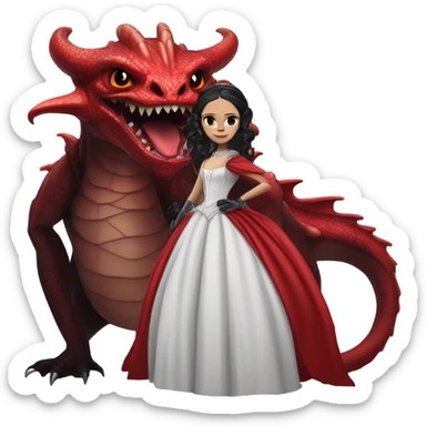 Lavish Victorian evening gown with gloves, Jenna Ortega as Addams Jedi wearing a mini tiara, standing next to a very large blood red evil-looking horned firedragon sticker