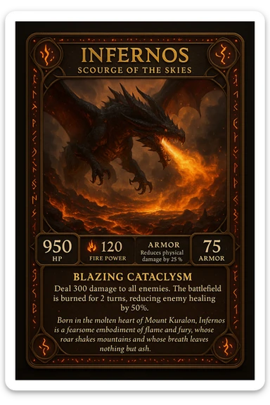 Make an epic role-playing card featuring a legendary fire-breathing dragon named Infernos, Scourge of the Skies. The card should display its stats: 950 HP, 120 fire power, and 75 armor that reduces physical damage by 25%. Highlight its special ability, Blazing Cataclysm—a fiery storm that deals 300 damage to all enemies and burns the battlefield for 2 turns, reducing enemy healing by 50%. The design should be ornate and collectible, with glowing ember accents, ancient dragon runes, and a dramatic illustration of Infernos flying over a scorched battlefield with molten lava and smoke. Add a lore-rich description: “Born in the molten heart of Mount Kuralon, Infernos is a fearsome embodiment of flame and fury, whose roar shakes mountains and whose breath leaves nothing but ash sticker