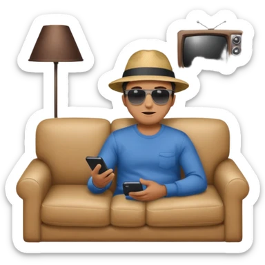 A man photographed from behind, sitting on a sofa and watching the news on TV. The setting is a living room. sticker