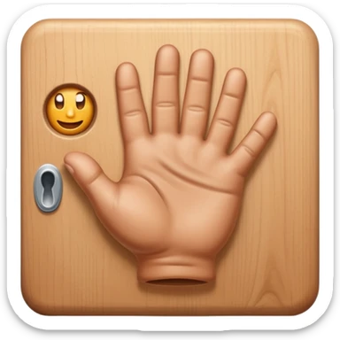 Design an Apple-style emoji of a hand knocking on a wooden door. Realistic shading, soft gradients, rounded shapes, high resolution, transparent background. sticker