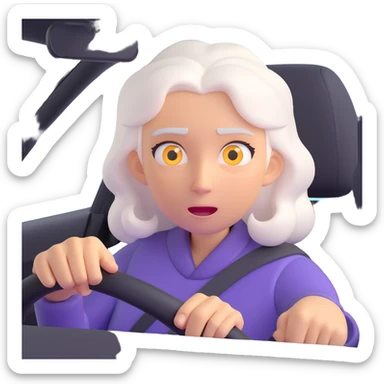 Make the mother with white hair in the car look fast and furious, add dynamic motion effects, intense expression, sporty 3D emoji style, no background sticker