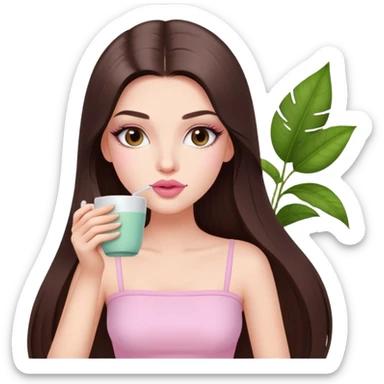 exotic pale girl, very full lips, long straight brunette hair, long lashes, pastel pink tube top, sipping tea  sticker