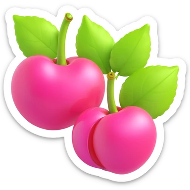 3D iOS-style illustration of two bright pink cherries with green leaves and pink flowers, extra glossy and reflective, with a soft shadow, no background. sticker