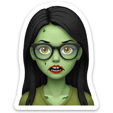 crie um emoji de zumbi feminino, com pele verde, óculos preto e cabelo longo preto sticker