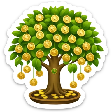 Apple-style money tree, round soft green canopy.
No pot, no ground — only the tree.
Small gold coins as fruits inside the leaves (not below).
Flat 2D vector, clean shapes, no gradients.
Dark near-black background, premium fintech icon. sticker