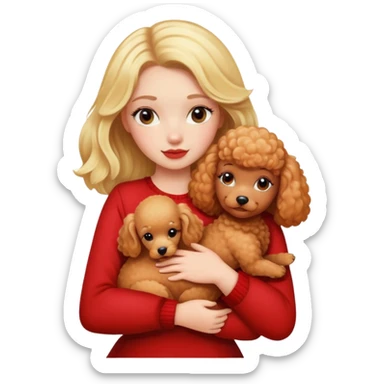 A blonde hair girl hugs a red poodle sticker