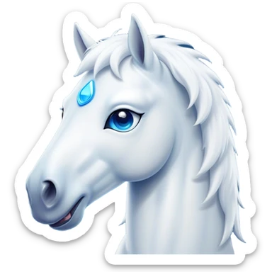 Cinematic Comical White Horse Portrait Emoji, Head tilted dramatically with an exaggeratedly amused expression, featuring a striking white fur with a glossy finish and wide, expressive blue eyes filled with playful disbelief, Simplified yet hilariously expressive features, highly detailed, glowing with a slightly sassy glow, high shine, dramatic yet playful, stylized with an air of cheeky mischief, bright and endearing, soft glowing outline, capturing the essence of a spirited and over-the-top horse, so meme-worthy it feels like it could side-eye its way into internet fame instantly! sticker