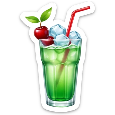 Create an emoji with a very clear rounded glass and ice, bright transparent green soda , a smooth vanilla scoop circle shape, a glossy red cherry, using vibrant colors, soft shading, and clear glass highlights.
 sticker