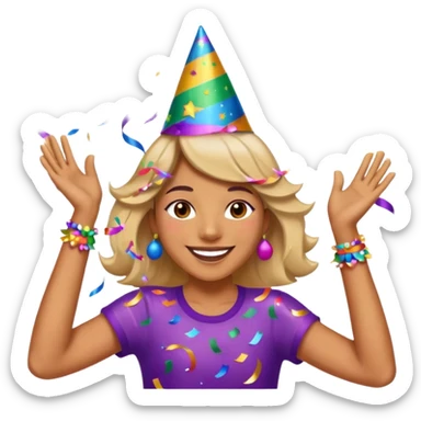 An energetic, celebratory emoji-style scene featuring a dancing figure surrounded by confetti, party streamers, and festive sparkles. Bright, colorful, joyful, and full of movement. sticker