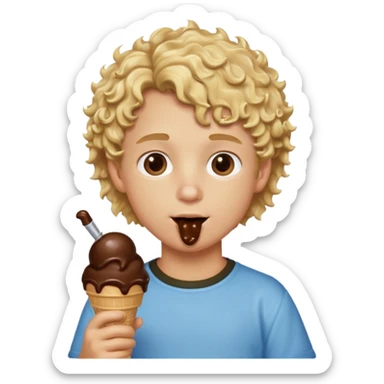 boy blonde curly hair, chef, eating big chocolate ice cream sticker