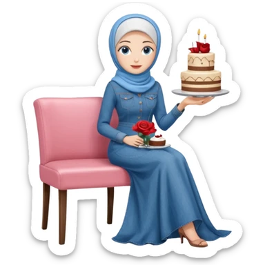 Turkish beautiful finish Konya girl blue eyes with denim hijab long tail dress and sits on the modernized coffee house on a white chair and holds rose cake with her hand  sticker