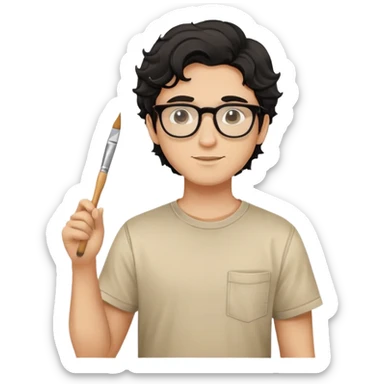 Young caucasian man with black wavy hair, round glasses, beige painting shirt, holding a square paintbrush sticker