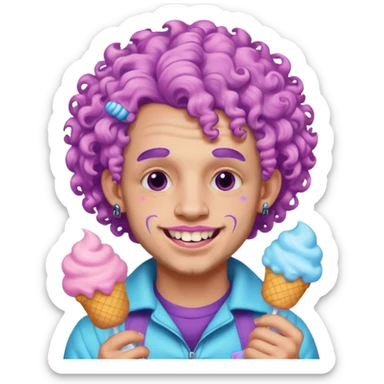 very cheerful colorful puffy violet curly haired man made out of cotton candy wearing teeth-braces and tattoos and face tattoos just face  sticker