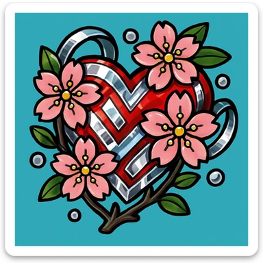 Make the silver accents and details extremely prominent and abundant on the heart with sakura, vibrant toon style. sticker