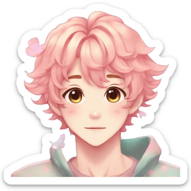 Gorgeous colorful pastel anime style shojo man with blushing face and butterflies aesthetic and pretty hair trending style sticker