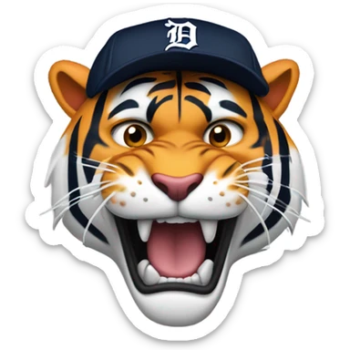 A feoscious tiger wearing a Detroit tigers baseball cap roaring sticker