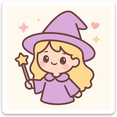 cute wizard girl with blonde hair and a purple wizard hat, charming illustration style, magical vibe, whimsical and playful expression sticker