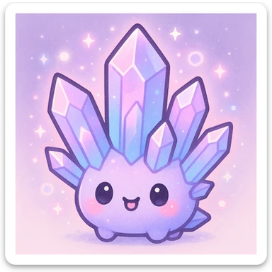 kawaii style crystal sprite creature, pastel purple and blue, pink highlights, magical aura, cute face sticker