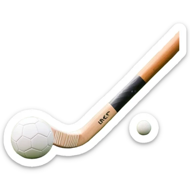 A field hockey stick and ball resting on a well-maintained green grass field, with the goalposts and markings visible in the background. The scene highlights the precision and focus of the grass facture, with the vibrant green pitch creating a dynamic atmosphere. sticker