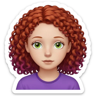 pale white teen girl with light blueish green eyes and freckles with brownish red curly middle part hair and purple shirt sticker