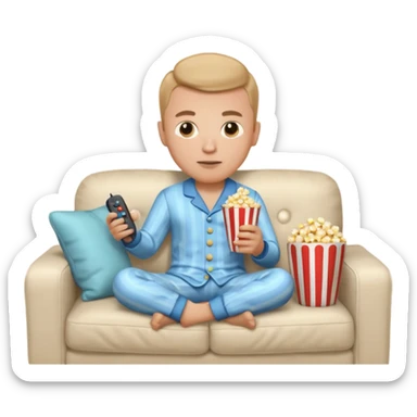 male memoji, in pajamas, sitting on couch, holding TV remote controller, relaxed face, casual home vibe, popcorn bucket on couch sticker