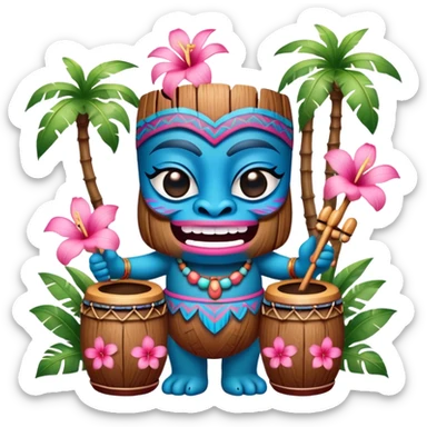 Pixar style little Blue and pink tiki singing with bongos and tropical flowers, ultra detailed and lifelike imagery, realistic sticker