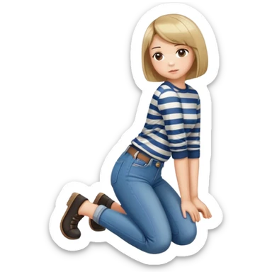 girl with short bob haircut in jeans and striped shirt kneeling on the ground seen from behind sticker