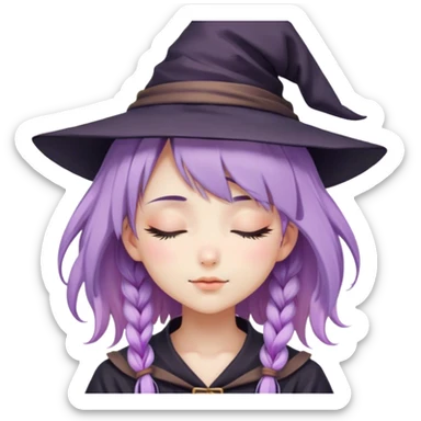 cute anime girl with closed eyes and lilac hair in a witch hat sticker