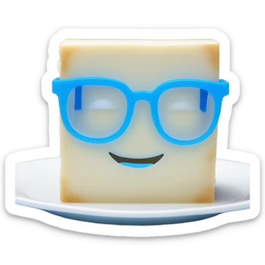 a tofu emoji with blue tinted glasses that are one color see through. put the tofu on a white plate. add a laptop in the front, screen turned towards tofu illuminating its face. sticker
