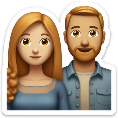 a married couple standing beside eachother, one has long straight ginger hair with bangs and blue eyes, the other person has tan skin and black hair with brown eyes sticker