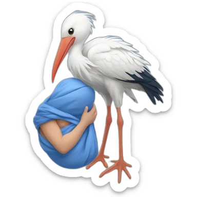 White stork carrying a blue bundle of cloth in its big beak that has a cute human person cute baby boy inside and his head is peeking from the fabric the strok is carrying in its beak sticker