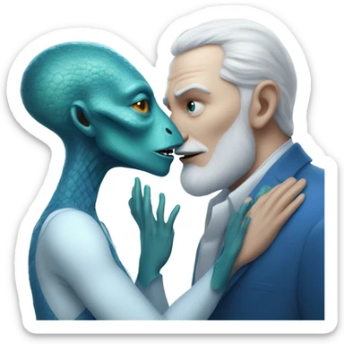 White man in blue dress hugs and kissing Alien reptilian woman in white dress  sticker