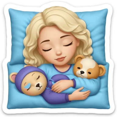 single-girl-in-Warm Cream-cozy-blue-bed-sleeping-pretty-eyelashes-light-skin-with toy sticker