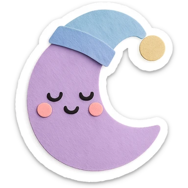 kawaii soft purple crescent moon wearing a sleeping cap, no arms, no legs, full body, soft pastel colors, kawaii paper craft style sticker